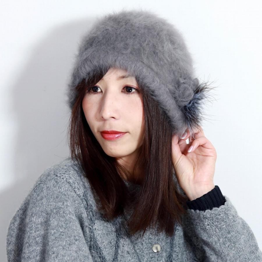ニット帽 保温 アンゴラ ファー ミセス 国産 花飾り ねずみ色