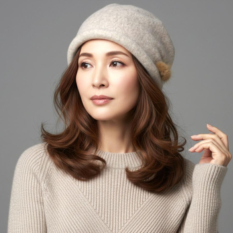 ニット帽 高級 カシミヤ 日本製 ポンポン ファー レディース 帽子