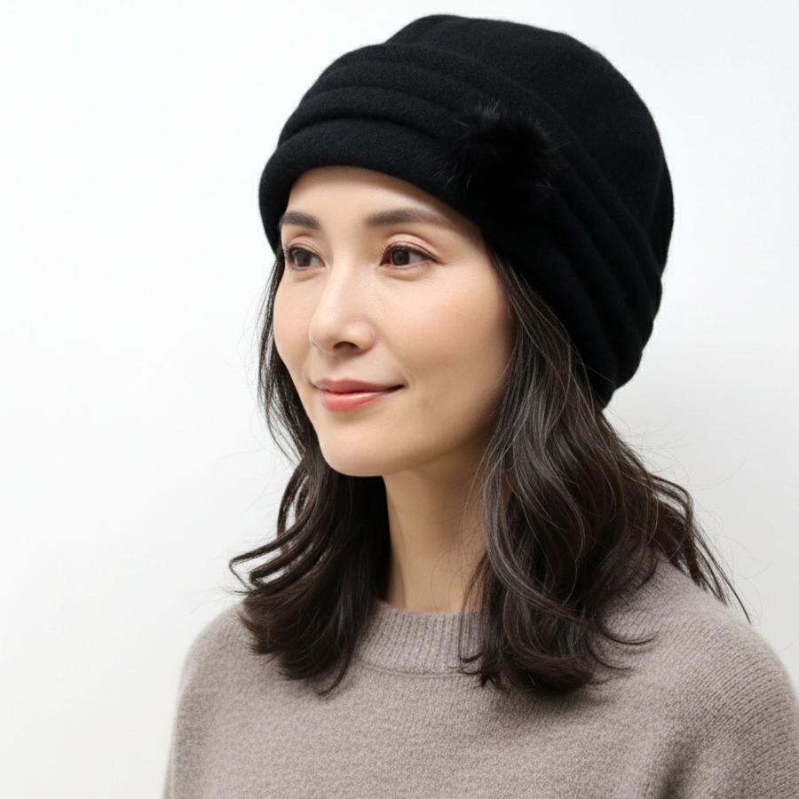 eleven2nd ウールカシミア　ニット帽 カシミヤ ニット帽 日本製 レディース 帽子 ポンポン ファー シニア
