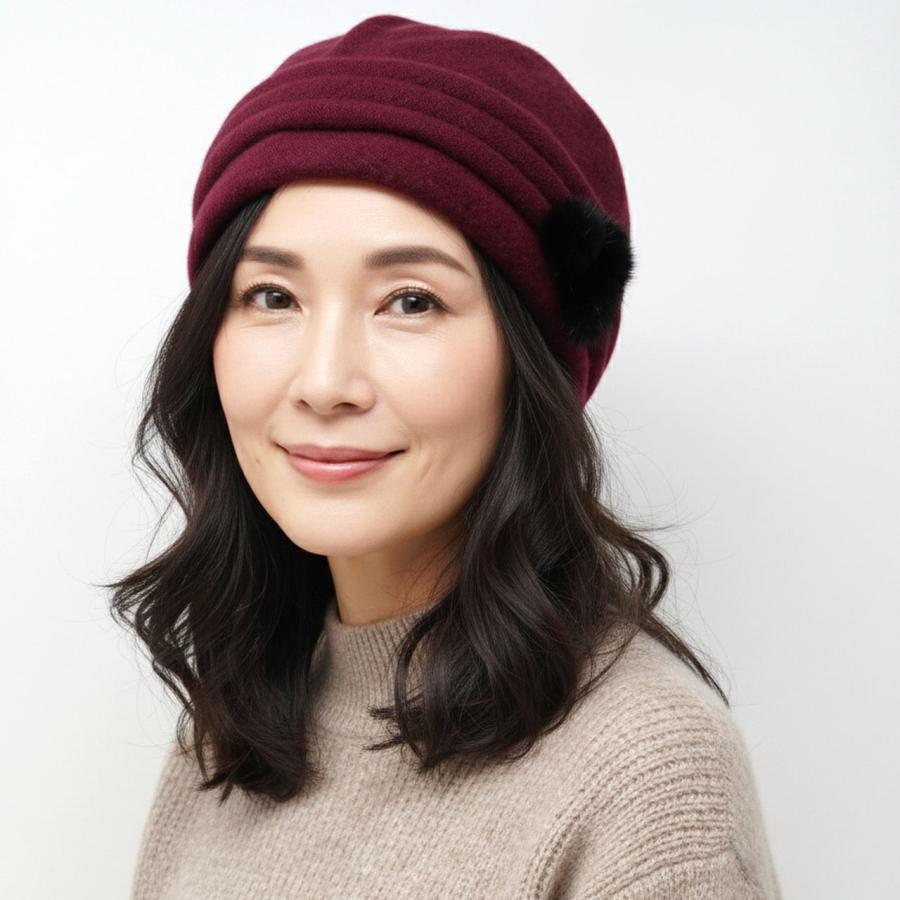 カシミヤ ニット帽 日本製 レディース 帽子 ポンポン ファー シニア