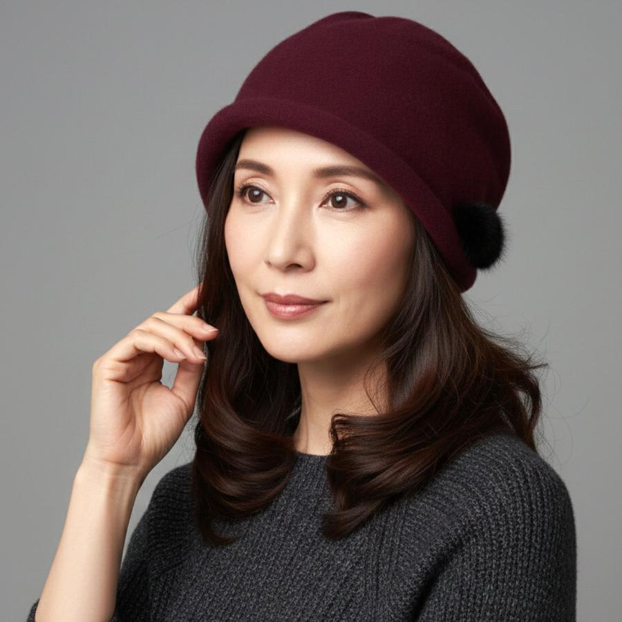 カシミヤ ニット帽 日本製 レディース 帽子 ポンポン ファー シニア