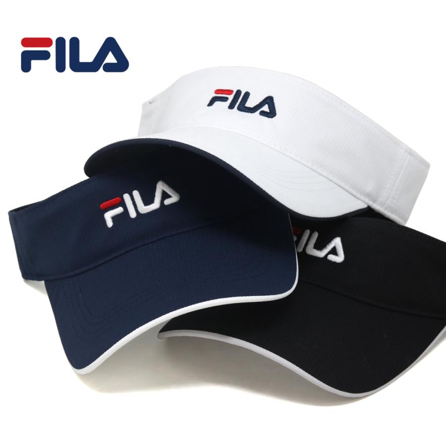 フィラ サンバイザー メンズ FILA ロゴ バイザー スポーツ 帽子 フリー サイズ調整可 FLM REPREVE VSR 洗濯機洗い可 吸汗速乾 / ホワイト ブラック ネイビー｜elehelm-hatstore