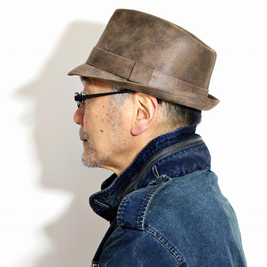 帽子 メンズ レザー 中折れ ハット ヘンシェル フェイクレザー 中折れ