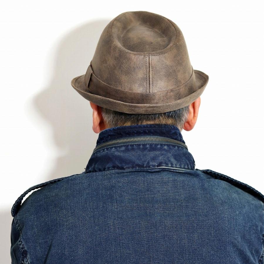 帽子 メンズ レザー 中折れ ハット ヘンシェル フェイクレザー 中折れ