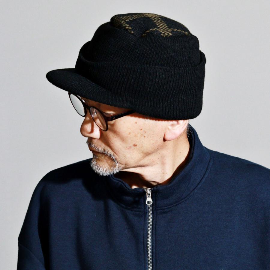 オスロキャップ つば付き ニット帽 メンズ チェック柄 フリース 畑仕事