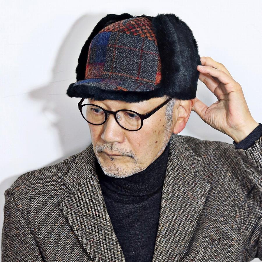 ツイード チェック パッチワーク キャップ フェイクファー イヤー