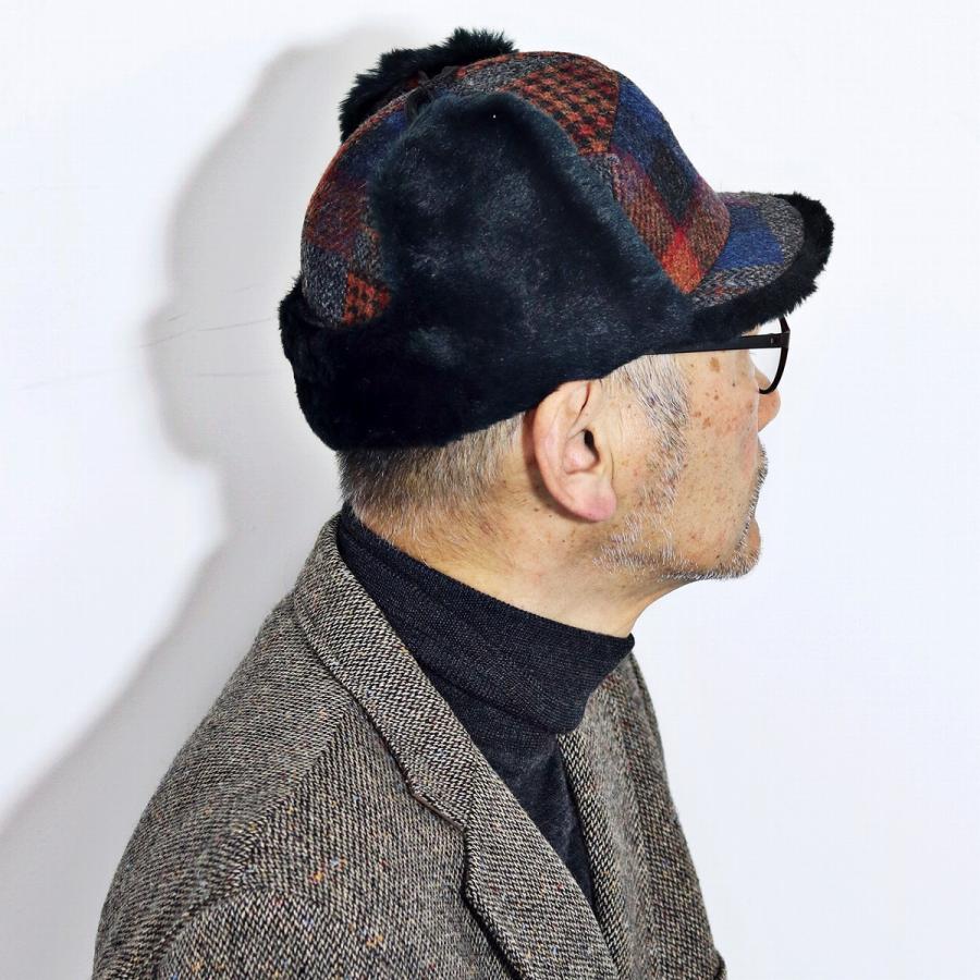 ツイード チェック パッチワーク キャップ フェイクファー イヤー