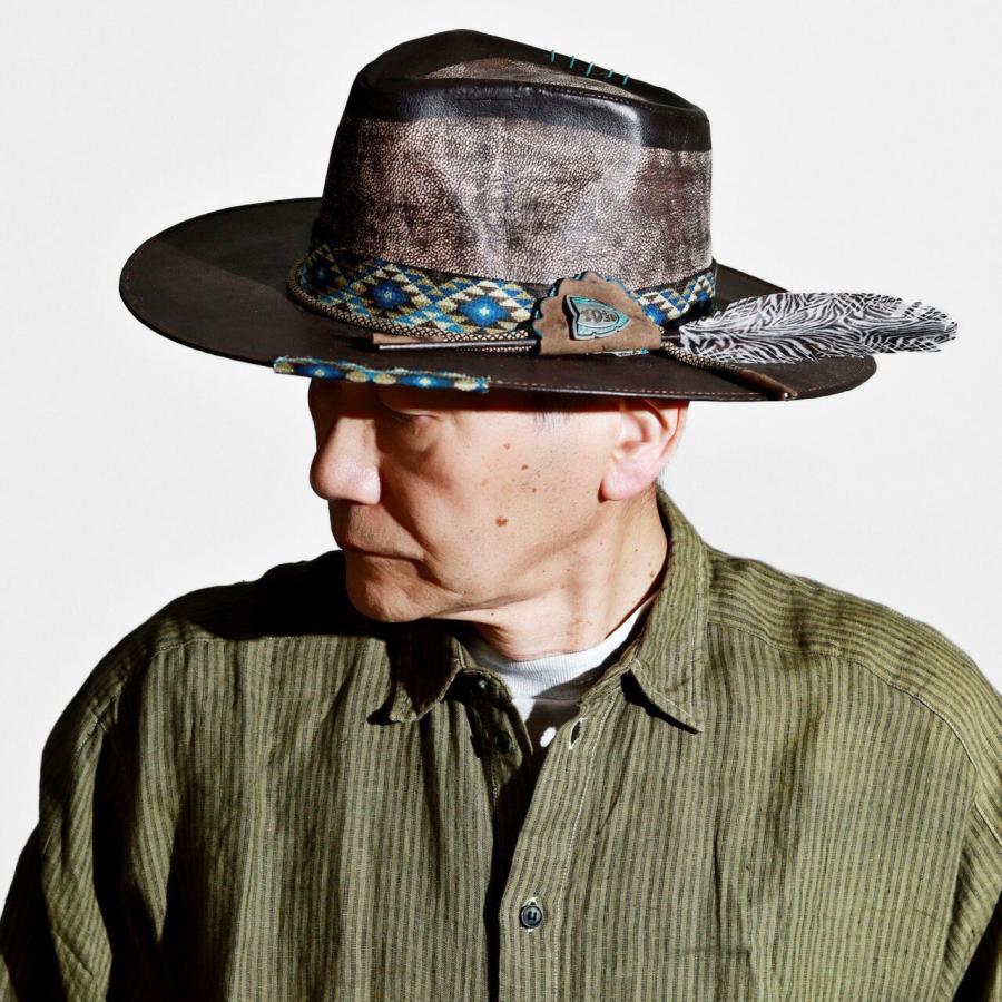 ハラコレザー　テンガロンハット クロコダイルレザー＆ティース オイルレザーハット（ブラウン）L