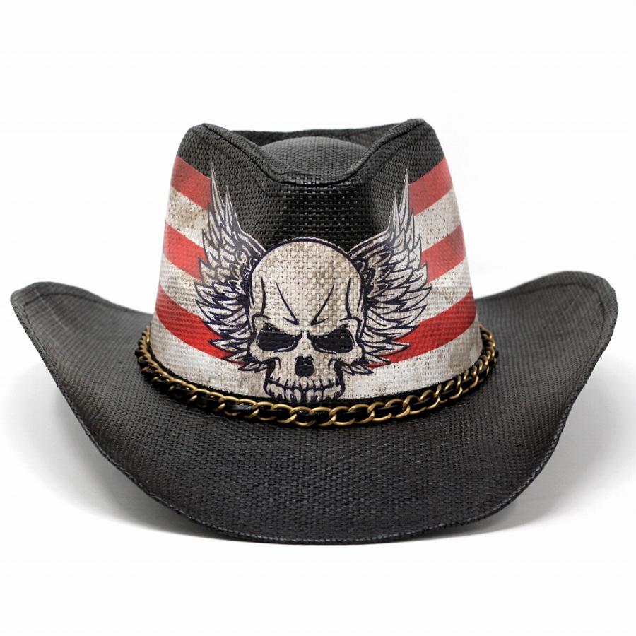 ☆新品・未使用☆ ブラック キャディバッグ テンガロンハット刺繍ロゴ付き メンズ 帽子 テンガロンハット スカル 翼 ドクロ レディース 春夏