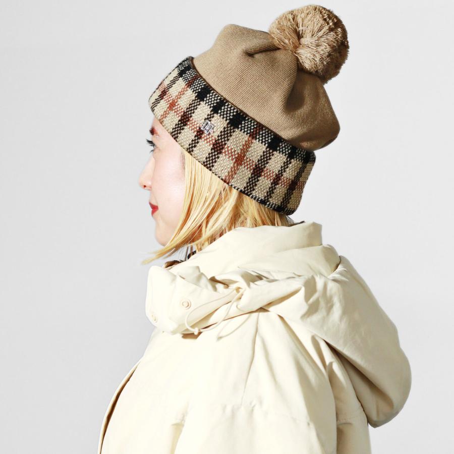 DAKS ニット帽 レディース ポンポン付き 秋冬 ニット チェック柄