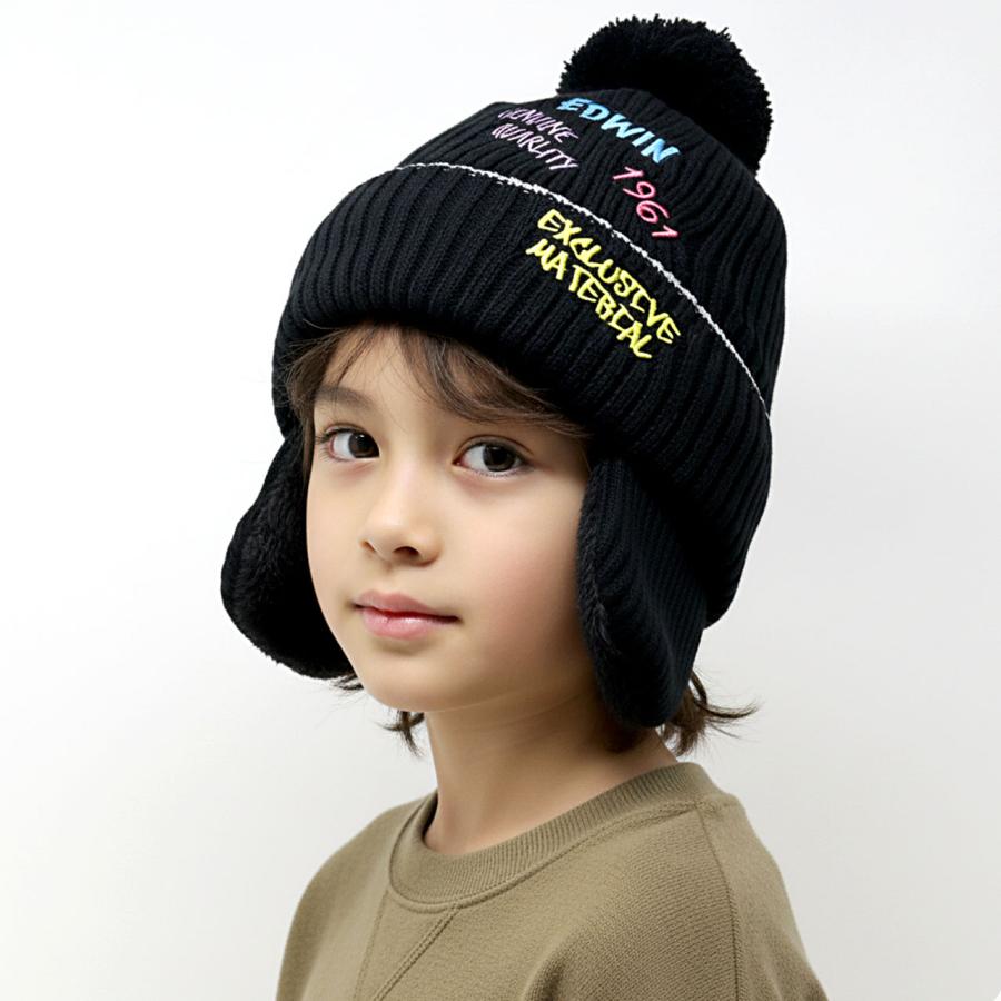EDWIN（エドウィン） キッズ ニット帽 耳あて付き 裏ボア フェイク