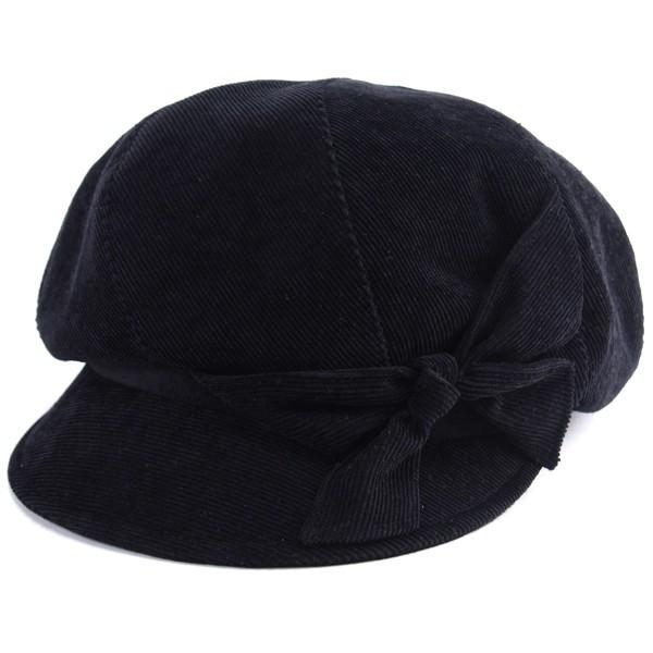 秋冬 lady's リボン付 帽子 キャスケット レディース ヴァニスコール サイズ調節可/黒 ブラック｜elehelm-hatstore