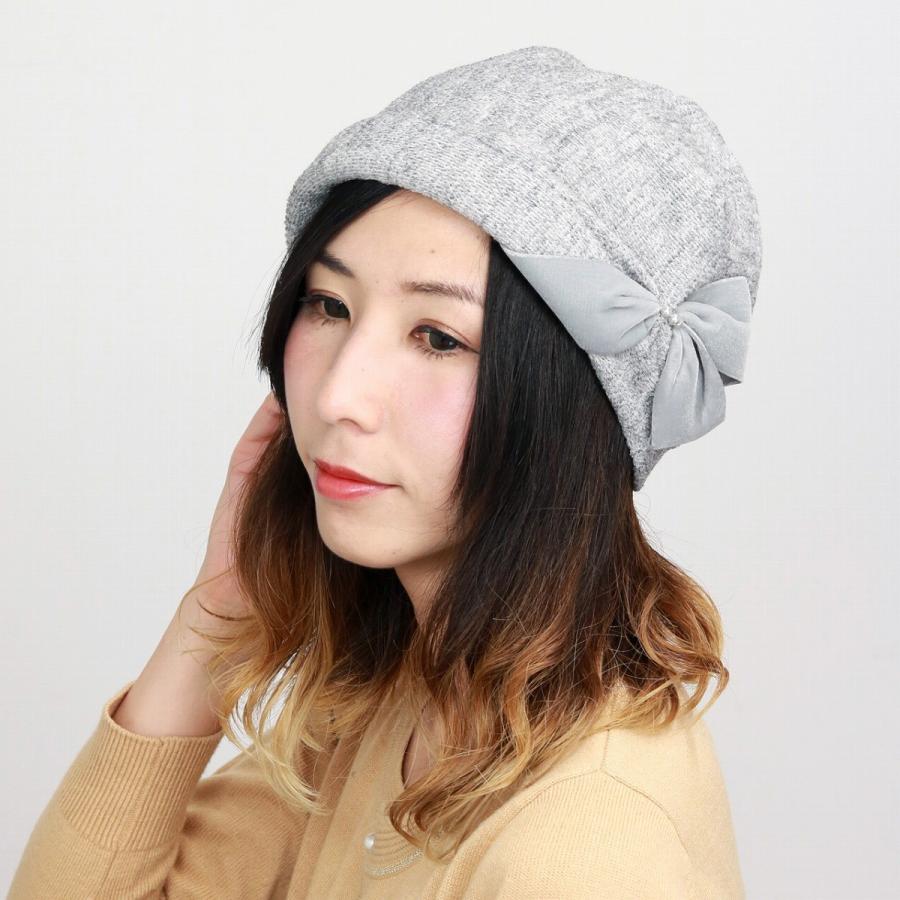 リボン パール ニット  ターバン 帽子 エスク レー 上品 エリートシャポー レディース 秋冬 ELITE CHAPEAU グレー｜elehelm-hatstore