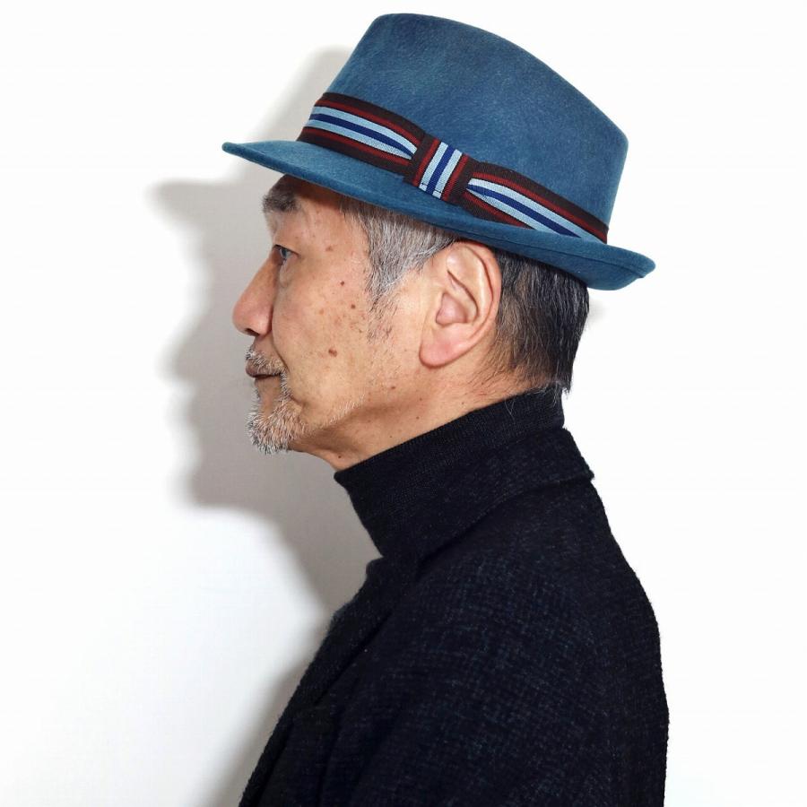 フェルトハット メンズ ブラック ボーダー リボン ハット ブルー 中