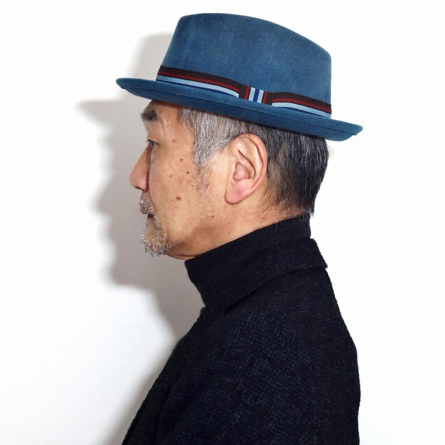 フェルトハット メンズ ブラック ボーダー リボン ハット ブルー 中