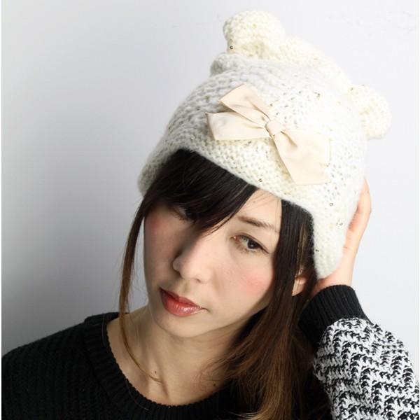 GREVI グレヴィ くま耳 ニット帽 秋冬 イタリア ニット レディース スパンコール リボン ホワイト GREVI（グレヴィ） くま耳 ニット帽 秋冬 イタリア ニット レディース
