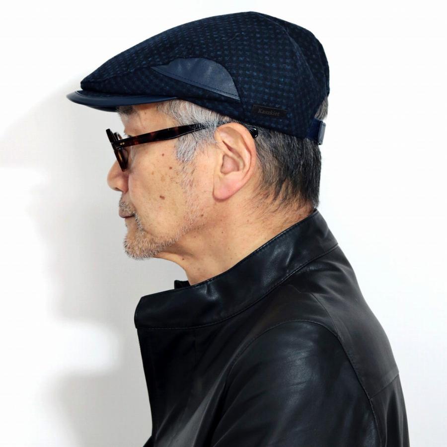 メンズ 帽子 秋冬 インポート Kaszkiet ハンチング 大きいサイズ 毛100% ウール チェック柄 紺 1237 1型 カシュケット サイズ調整可 レザー 切り替え ネイビー ( クリスマス ギフト包装 ラッピング 無料 ) メンズ 帽子 秋冬 インポート Kaszkiet ハンチング 大きいサイズ 毛100