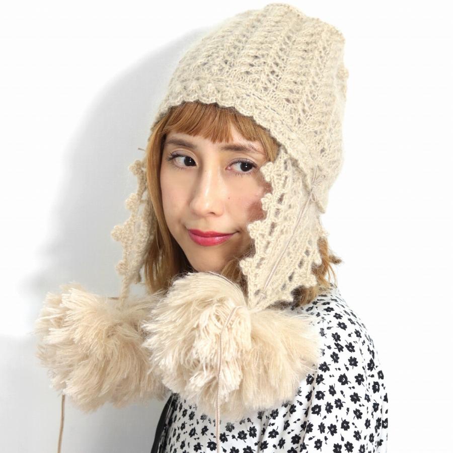 帽子 手編み モヘヤ 高級 ポンポン付 ニット帽 可愛い 耳あて付 ニット バラ色の帽子 毛糸 柔らかい レディース 送料無料 アイボリー Winestyles Jp