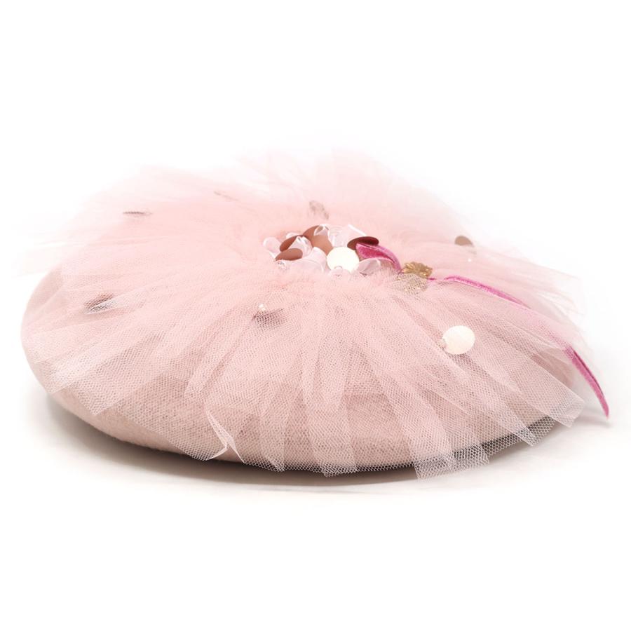 バラ色の帽子チュール付き黒ウールベレー帽 Barairo no Boushi ベレー帽 可愛い チュール 帽子 レディース