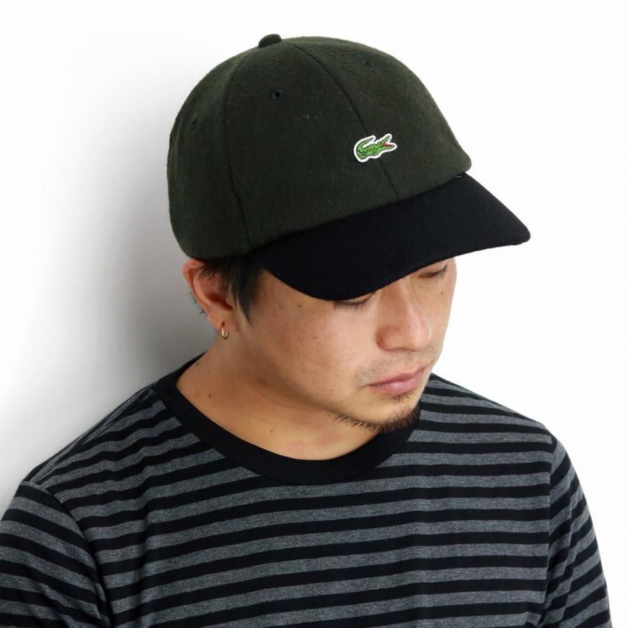 ラコステ 秋冬 メルトン バイカラー 6方キャップ LACOSTE メンズ キャップ レディース 帽子 日本製 サイズ調整 上品 緑 カーキ｜elehelm-hatstore｜03