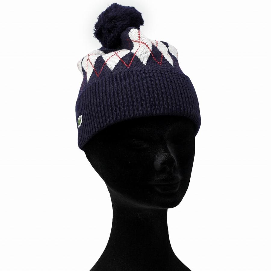 LACOSTE ニット帽 秋冬 アーガイル 柄 ポンポン ニットワッチ