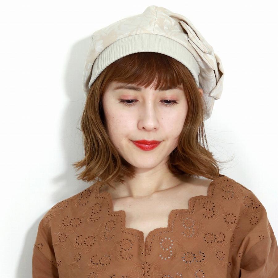 ベレー帽 レディース リブ編み 草花 ジャガード素材 ビッグリボン