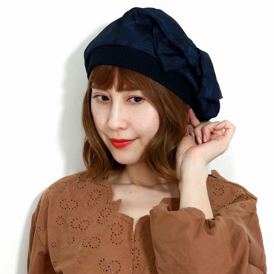 ベレー帽 レディース リブ編み 草花 ジャガード素材 ビッグリボン