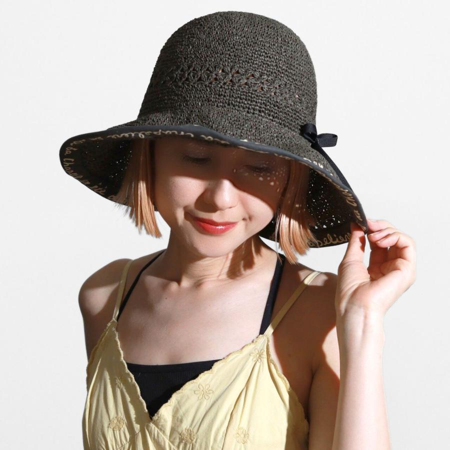 カシラ　バラ色の帽子　ブラック フラワーモチーフハット Barairo no Boushi ハット レディース 麦わら帽子 つば広 UVカット 春