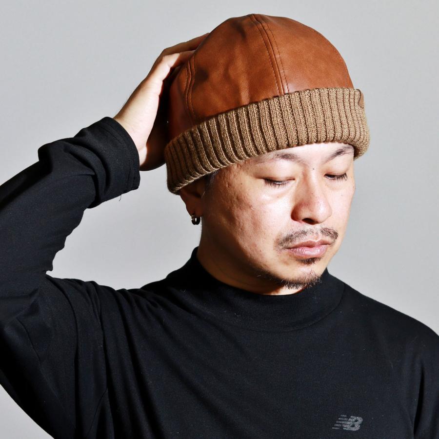 ニット帽 メンズ フェイクレザー ロールワッチ レディース ニット