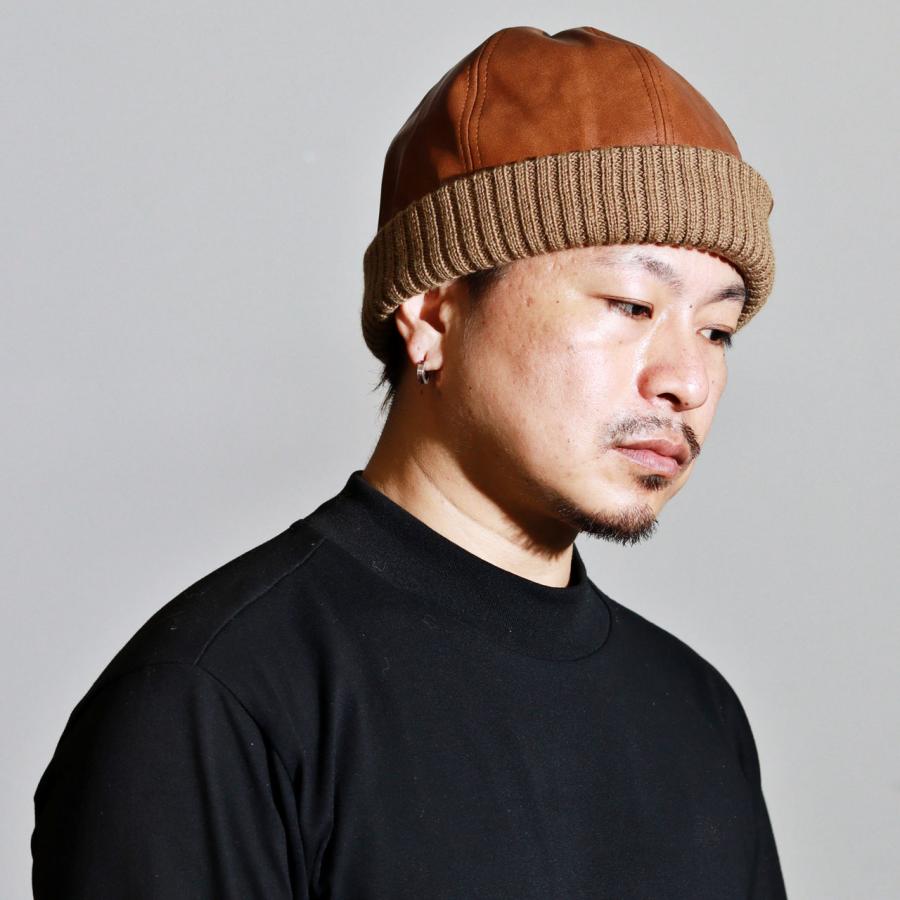 ニット帽 メンズ フェイクレザー ロールワッチ レディース ニット
