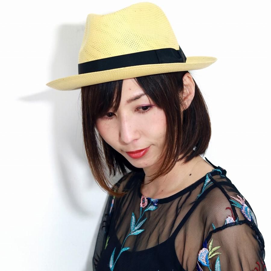 ハット ストローハット メンズ 中折れハット ブラック 麦わら帽