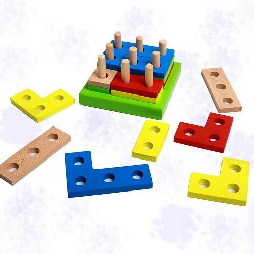 早期知育玩具 円柱差し 構成遊び カラフルブロック 型枠差し 木製 教材