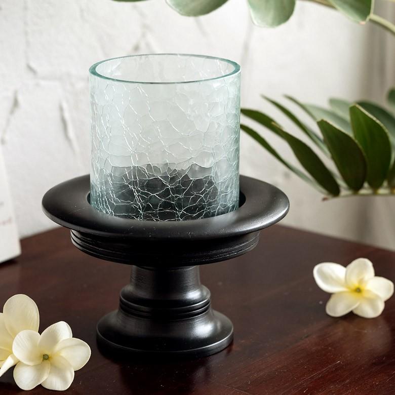 キャンドルスタンド キャンドルホルダー 木彫り台付き ガラスシェード