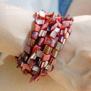 アジアン雑貨 アジアンレッドに彩られた天然シェルのブレスレット アジア工房 10088 | ブランド登録なし
