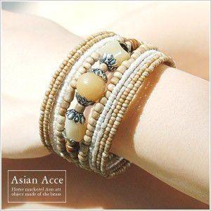 アジアン雑貨 中央のストーンとビーズが印象的なバングル アイボリー アジア工房 10092a | ブランド登録なし | 01