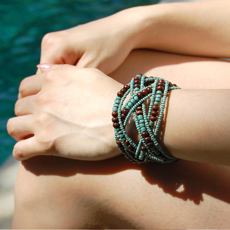 アジアン雑貨 南国リゾートの雰囲気漂うビーズのクロスバングル ターコイズ アジア工房 10096 | ブランド登録なし | 06