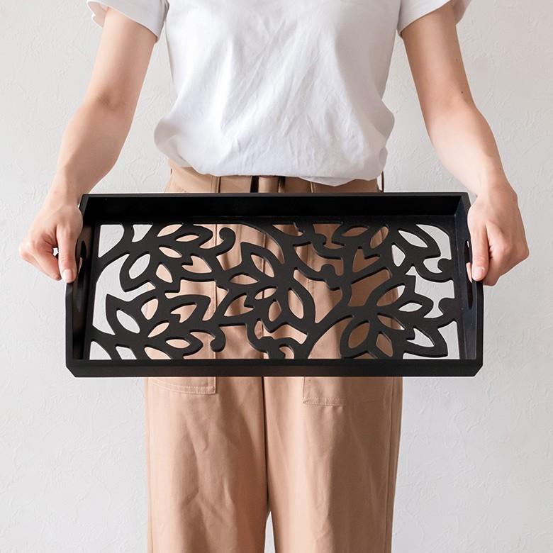 トレイ トレー お盆 収納 ロータス 花 透かし彫り風 彫刻風 アジアン キッチン雑貨 小物入れ 収納 木製 ウッド 長方形 アートパネル レリーフ  10772 | ブランド登録なし | 03