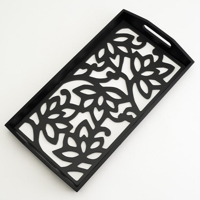 トレイ トレー お盆 収納 ロータス 花 透かし彫り風 彫刻風 アジアン キッチン雑貨 小物入れ 収納 木製 ウッド 長方形 アートパネル レリーフ  10772 | ブランド登録なし | 05