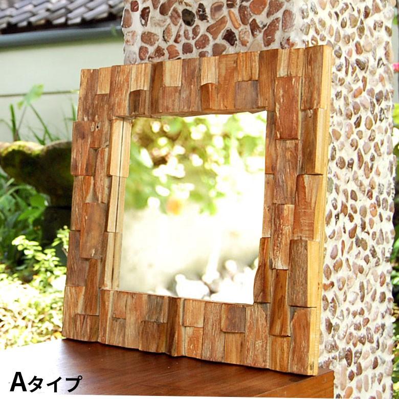 ミラー 壁掛け 卓上 鏡 金具付き アジアン チークウッド ナチュラル 正方形 ウォールデコレーション  バリ雑貨 エスニック おしゃれ 1086 | ブランド登録なし | 03