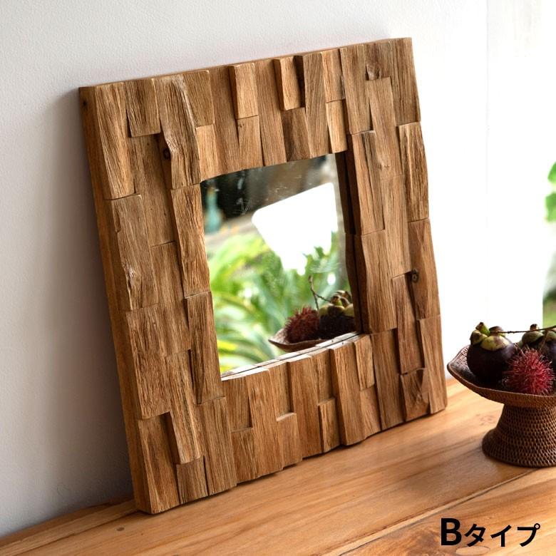 ミラー 壁掛け 卓上 鏡 金具付き アジアン チークウッド ナチュラル 正方形 ウォールデコレーション  バリ雑貨 エスニック おしゃれ 1086 | ブランド登録なし | 07