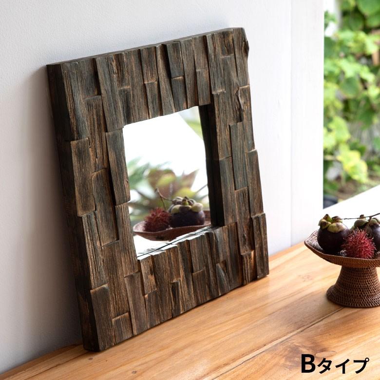 ミラー 壁掛け 卓上 鏡 金具付き アジアン チークウッド ブラウン 正方形 ウォールデコレーション  バリ雑貨 エスニック おしゃれ 108 | ブランド登録なし | 07