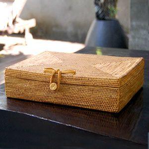 アジアン雑貨 アタで編まれた四角いフタ付きボックス型バスケット 柄なし 楕円形タイプ アジア工房 10985 | ブランド登録なし | 01