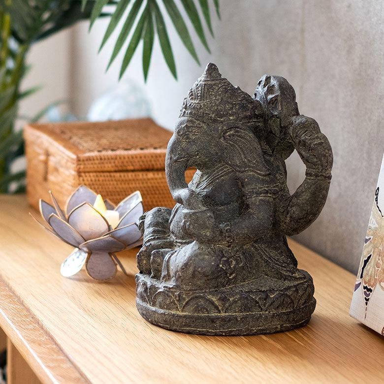 ガネーシャのアンティーク調アジアンストーンオブジェ ブラウン バリ