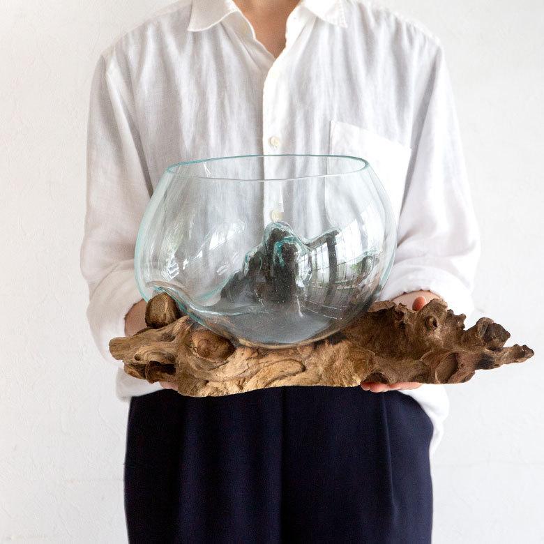 ガラス鉢 流木 プランターオブジェ ガラスボウル オブジェ テラリウム 観葉植物 プランター ガラス容器 西海岸 男前 置物 Lサイズ アジア工房 12162 | ELEMENTS（インテリア） | 04