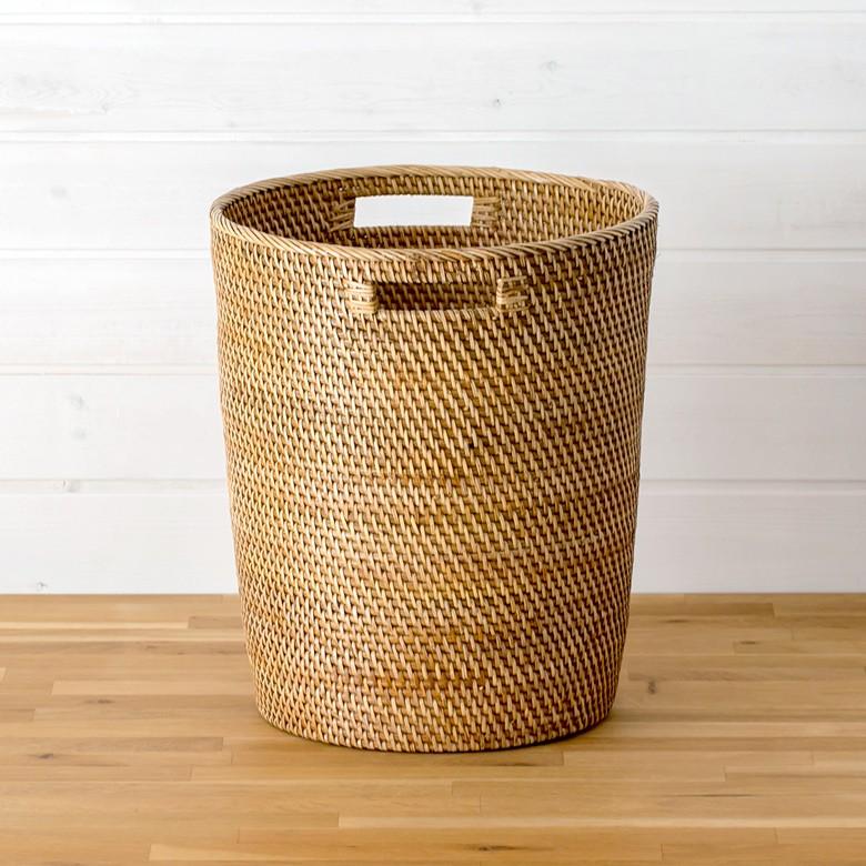 ゴミ箱 ごみ箱 ダストボックス おしゃれ 天然素材 ラタン製 プランターカバー バスケット かご ナチュラル ハンドル付き 丸型 円形 持ち手 アジア工房 12845a | ELEMENTS（インテリア） | 01