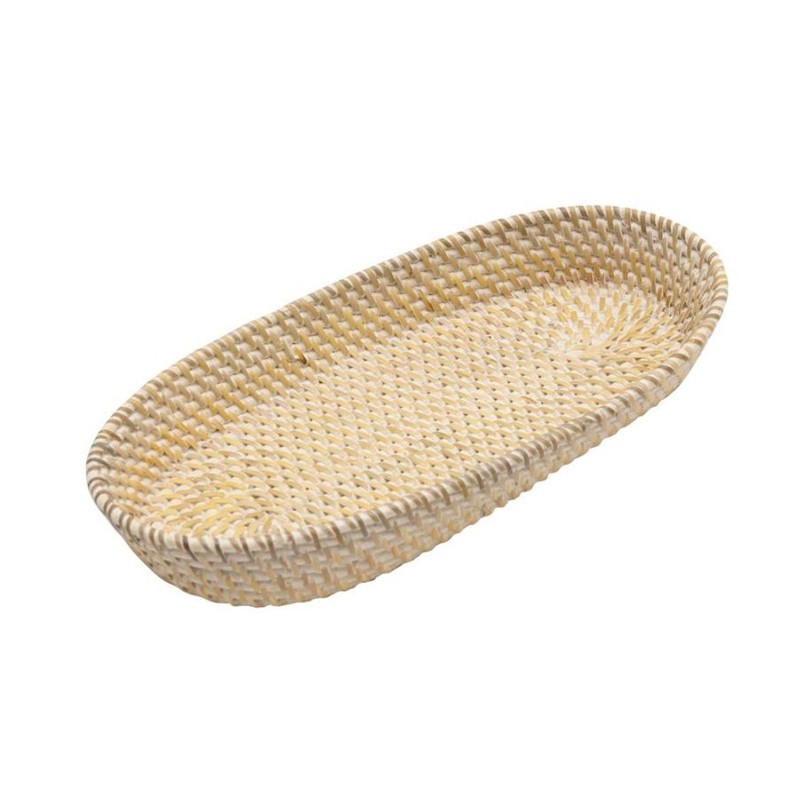 トレイ ラタン製 ホワイトウォッシュ 楕円形 かごバスケット デコレーショントレイ 小物収納 小物入れ カトラリーケース アジアン雑貨 13463 | ブランド登録なし | 13