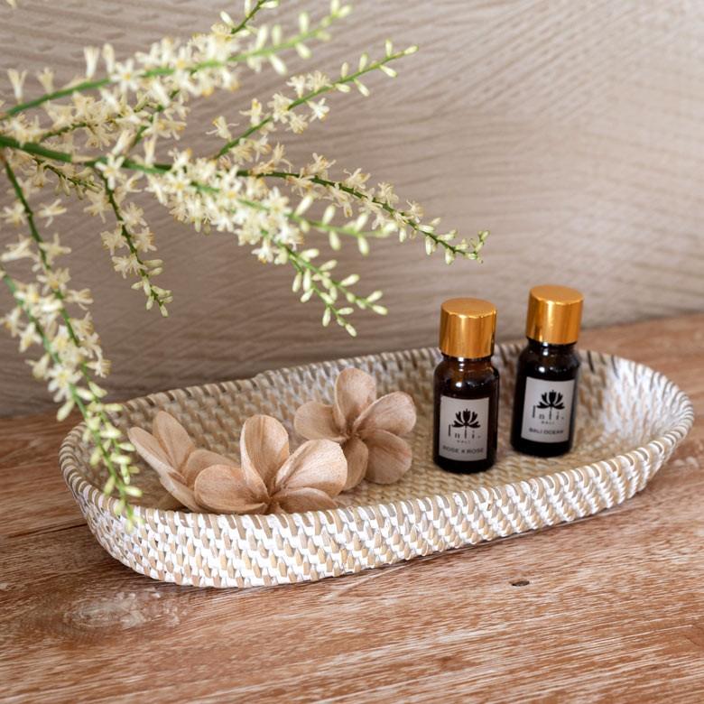 トレイ ラタン製 ホワイトウォッシュ 楕円形 かごバスケット デコレーショントレイ 小物収納 小物入れ カトラリーケース アジアン雑貨 13463 | ブランド登録なし | 02