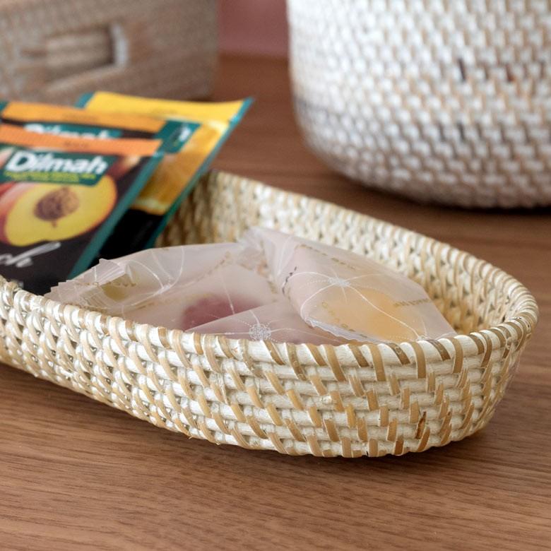 トレイ ラタン製 ホワイトウォッシュ 楕円形 かごバスケット デコレーショントレイ 小物収納 小物入れ カトラリーケース アジアン雑貨 13463 | ブランド登録なし | 03