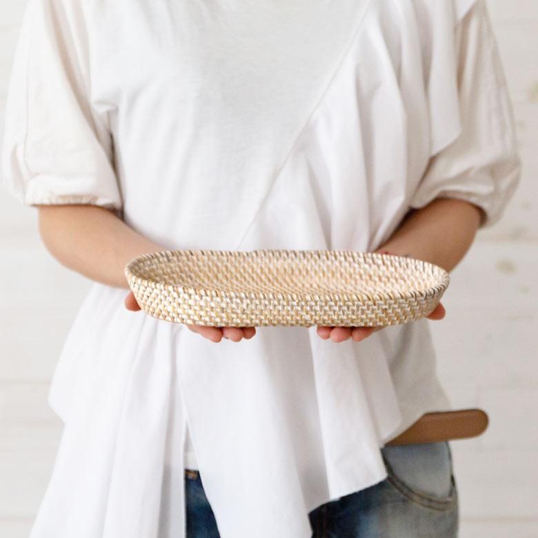 トレイ ラタン製 ホワイトウォッシュ 楕円形 かごバスケット デコレーショントレイ 小物収納 小物入れ カトラリーケース アジアン雑貨 13463 | ブランド登録なし | 06