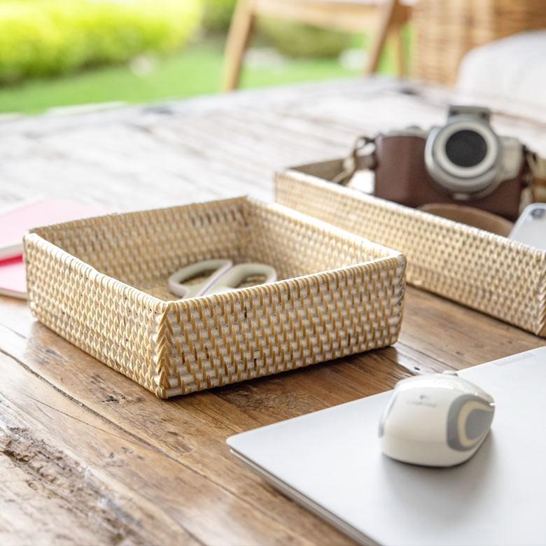 収納バスケット ラタン製 ホワイトウォッシュ 正方形 スクエア型 収納バスケット 小物収納 ラタンバスケット 小物入れ アジアン雑貨 13464 | ブランド登録なし | 03